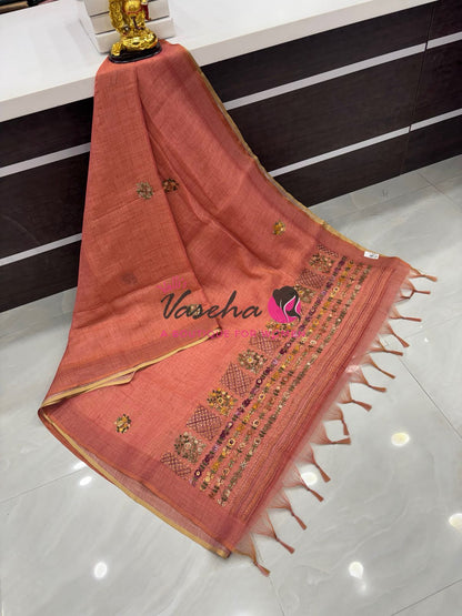 French Knot - Linen Tissue Saree - Peach Shade - VVLFN017