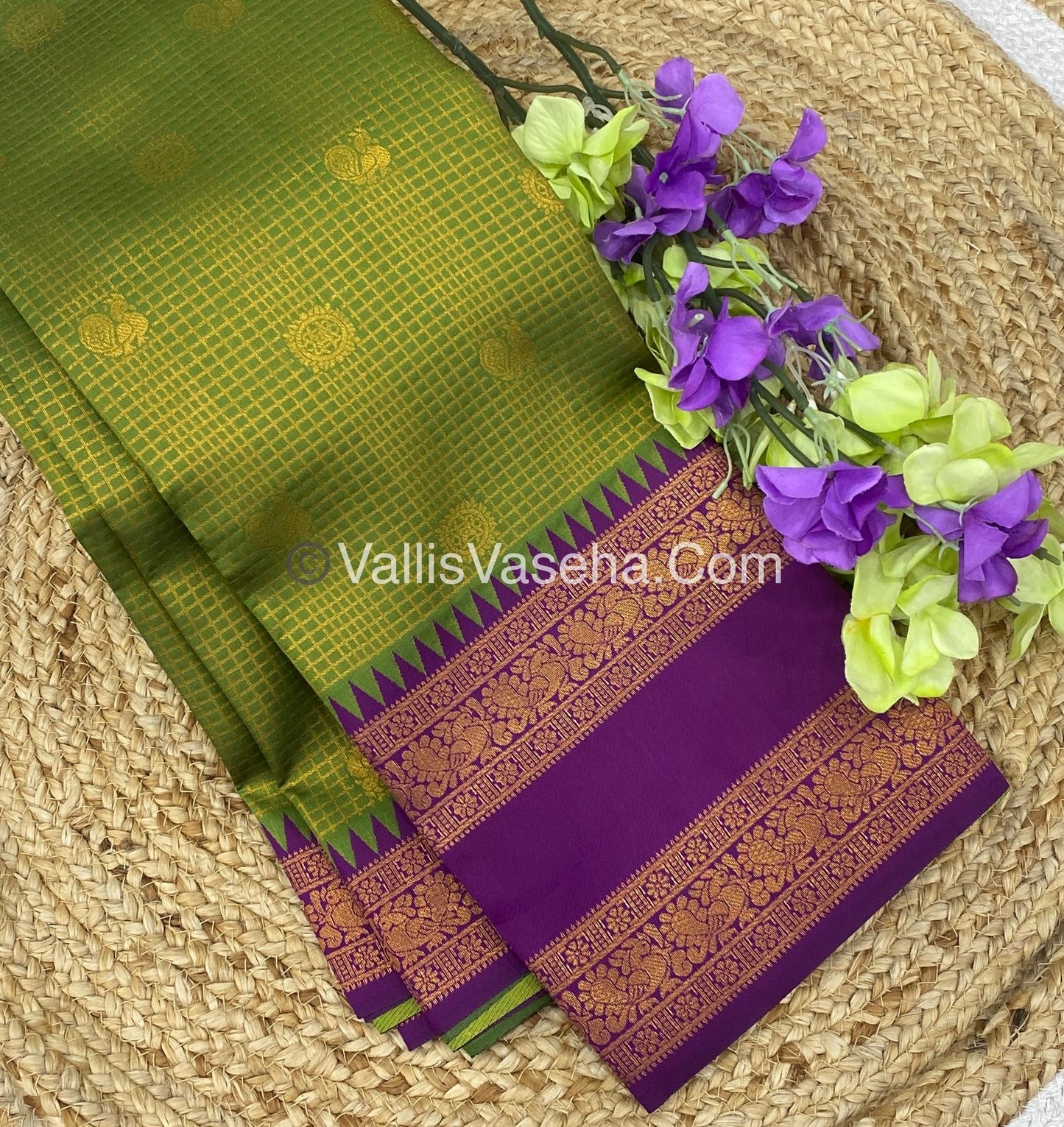 Kanchi Semi Silk - Mayil & Chakkaram design - Green with Purple - VVKSS001