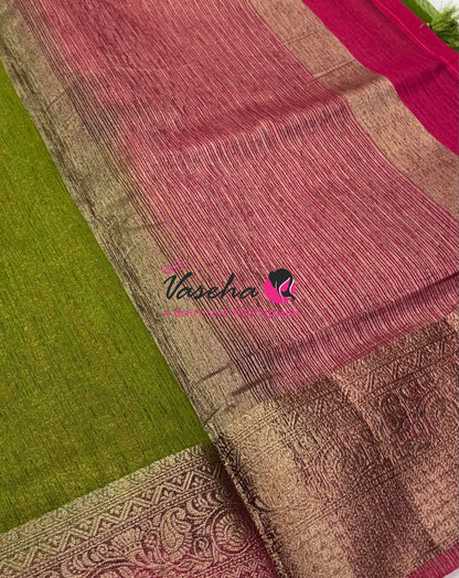 Bamboo Silk Saree - Green With Pink - VVBSS019