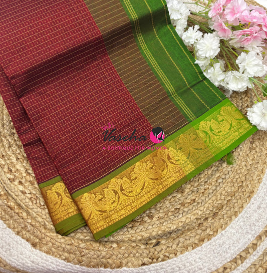 Pure Silk Cotton Saree - Maroon With Green - Lakshadeepam Design - VVPLD004