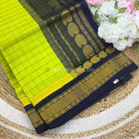 Pure Korvai Silk Cotton - Pista Green with Black  - Checks Pattern - VVKSC008