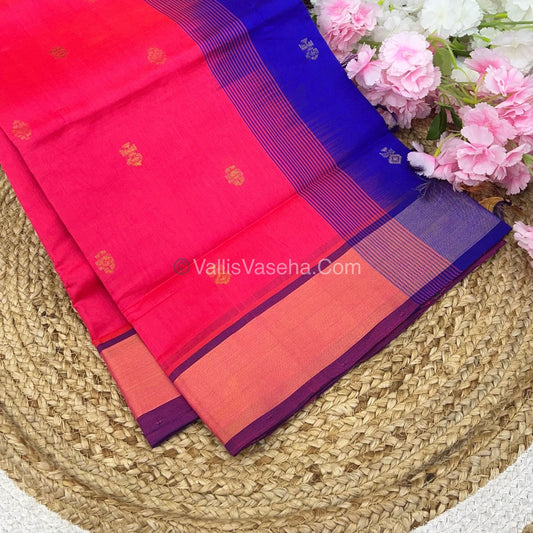 Semi Silk Cotton Saree - Peachish Pink  & Blue Combo - VVSSC001
