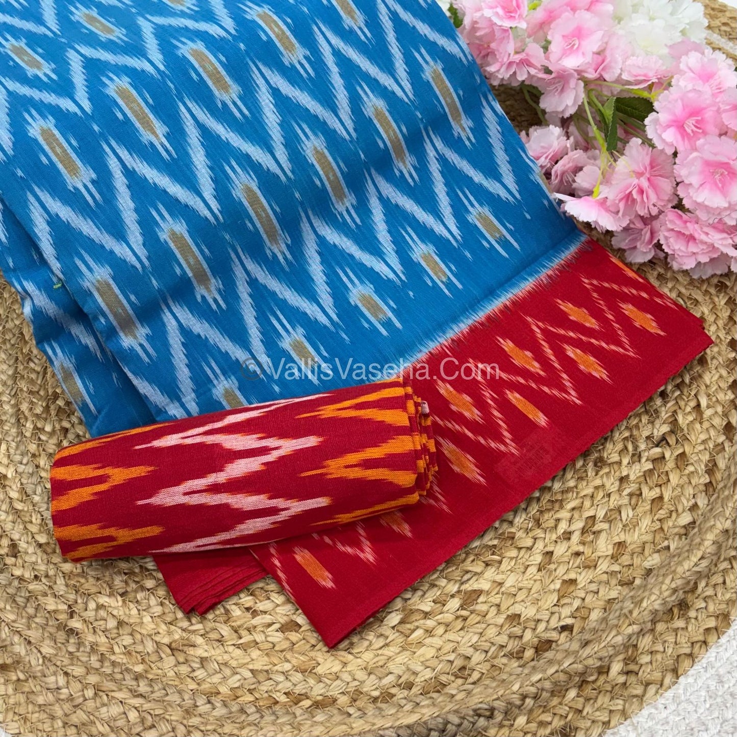 Double Ikkat Pure Cotton Saree -  Blue With Red  - VVIKS002