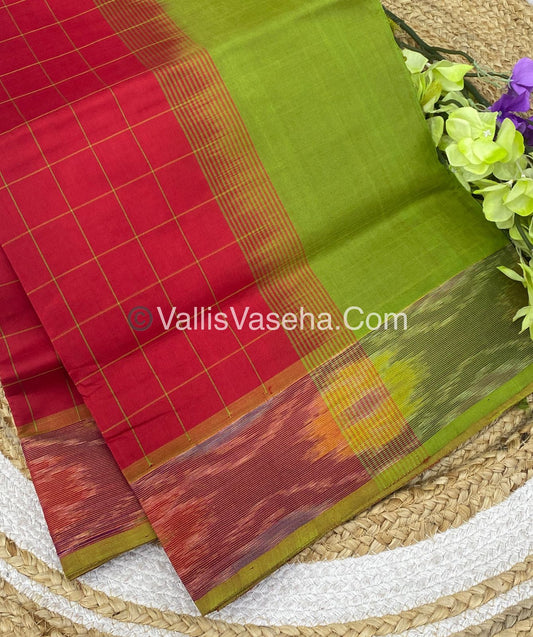 Semi Silk Cotton Saree - Red  & Green  - VVSSC001