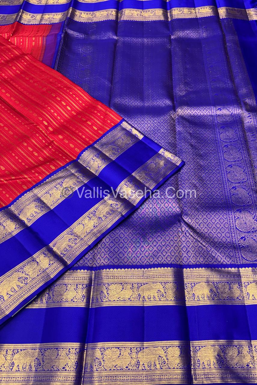 Pure Vintage Korvai Kanchipuram Silk Saree - Red & Blue Combo - VVPS021
