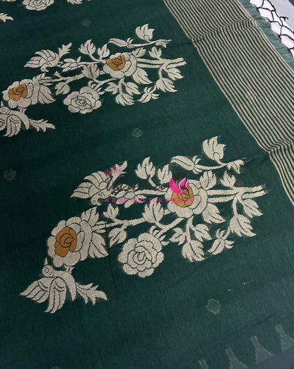 Bengal Kaddhi Cotton Saree | VVBKC001 |Dark Green