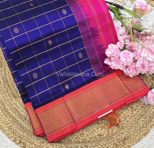 Pure Korvai Silk Cotton - Checks Pattern - Blue  with Pink Shade  - VVKSC015