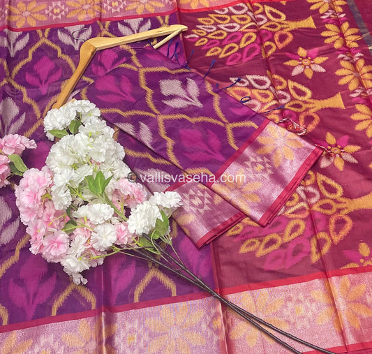 Banarasi Pochampally Weaving Semi Soft Cotton Saree - Purplish Pink with Maroon - VVBPS001