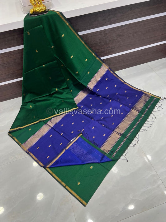 Pure Maheshwari Silk Cotton Saree - Green & Blue Color - VVMSC002