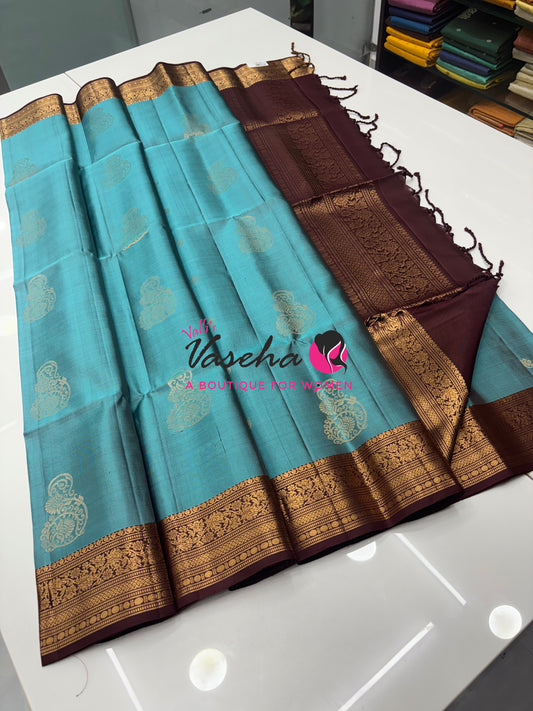 Pure Soft Silk Saree - Kanchi Border - Blue &  Brown Combo - VVPSS015