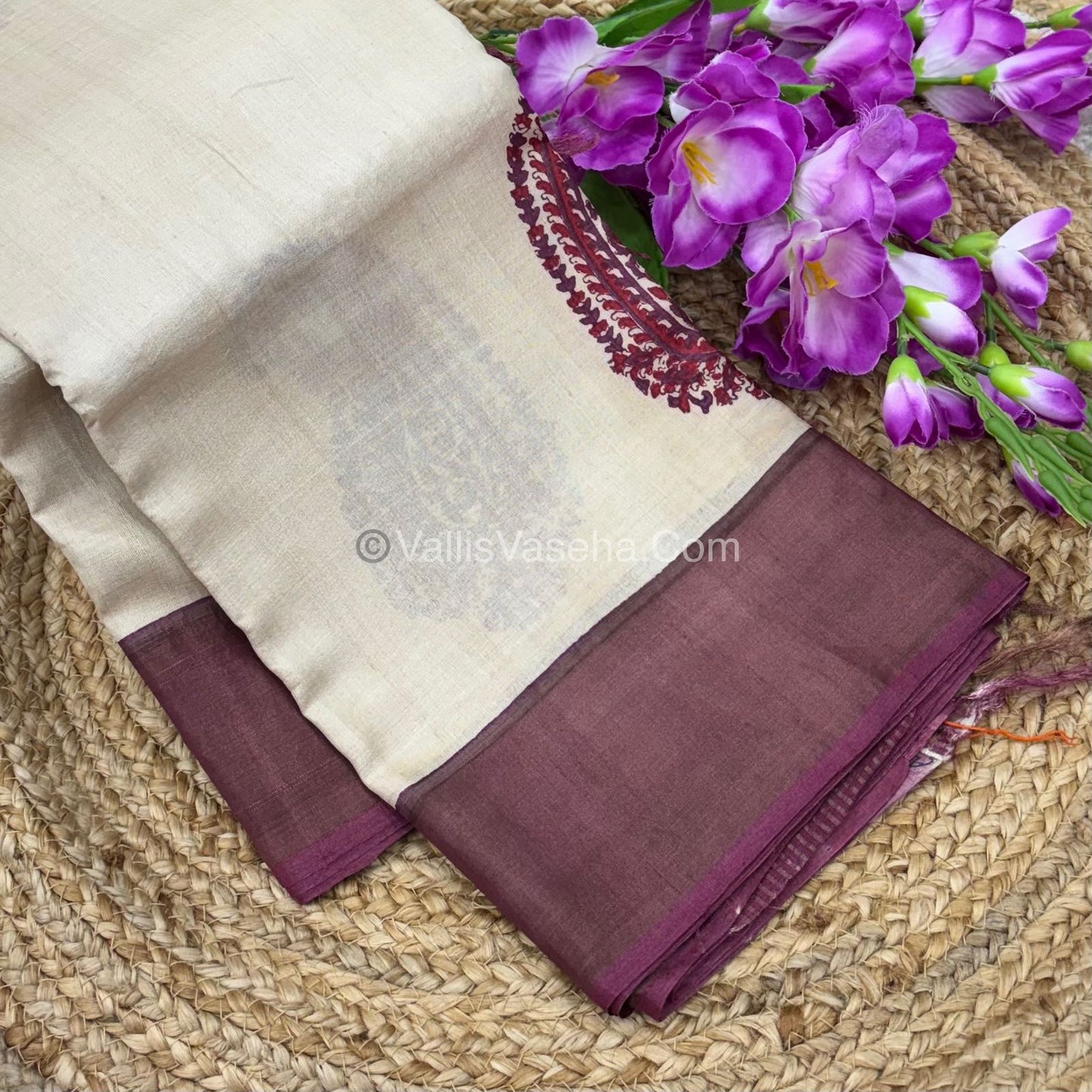 Pure Tussar Silk - Cream With Maroon Shade - VVPTS001