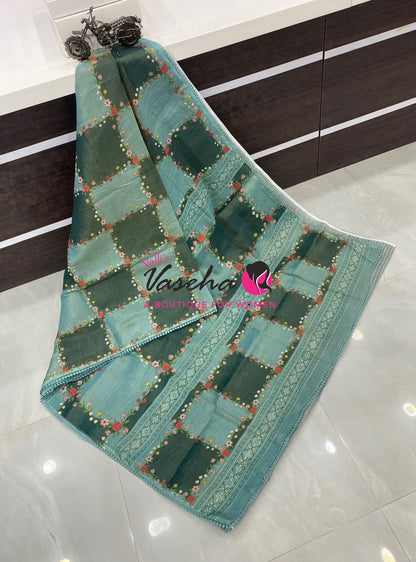 Linen Tissue Saree -  Light & Dark Combo - Light Green  Shade - VVLTS007