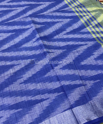 Bhagalpuri Linen Cotton Saree - Ikkat Print - Light Green With Blue  Shade - VVBLC002