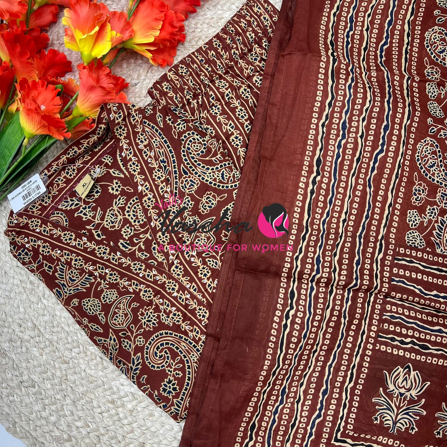 Ready Made | Anarkali - Ajrakh Print |Salwar, Kameez & Duppatta(3pc)|Cotton |Merun - VVAS009