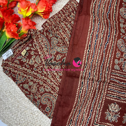 Ready Made | Anarkali - Ajrakh Print |Salwar, Kameez & Duppatta(3pc)|Cotton |Merun - VVAS009