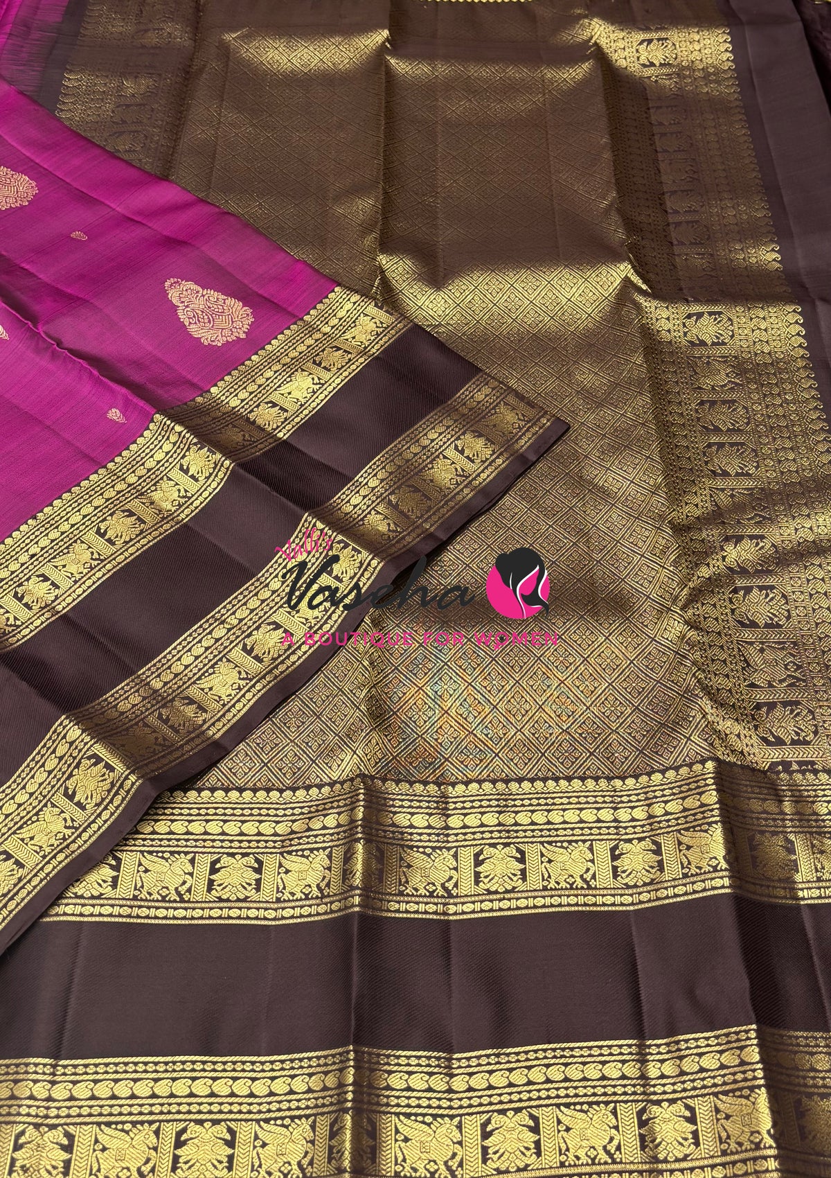 Pure Kanchipuram Silk Saree - Purplish Pink & Brown Combo - VVPS034