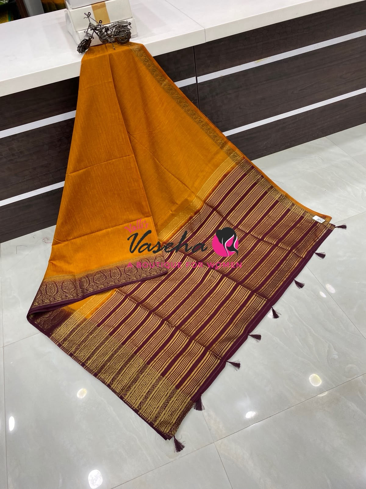Semi Jute Silk Saree - Mango Yellow With Maroon Shade- VVSJS001