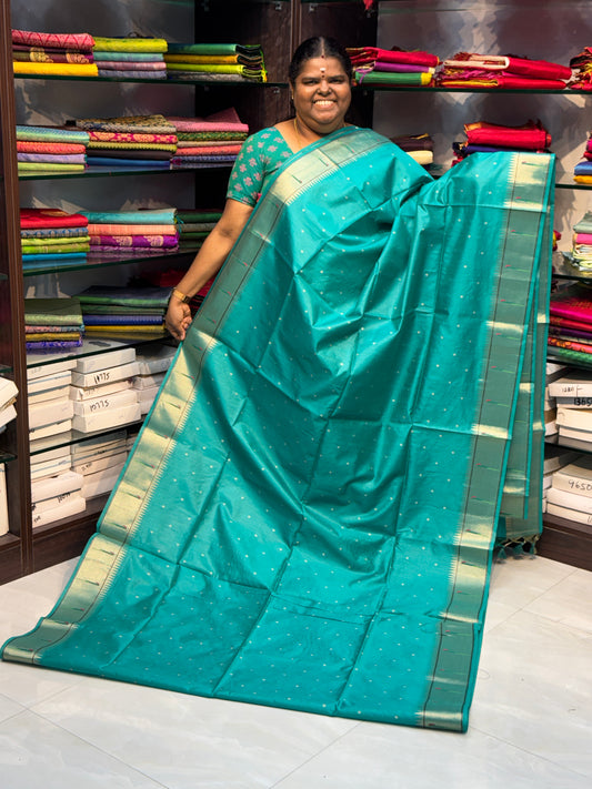 Semi Raw Silk - Paithani Design Weaving - Bluish Green Shade - VVRS005
