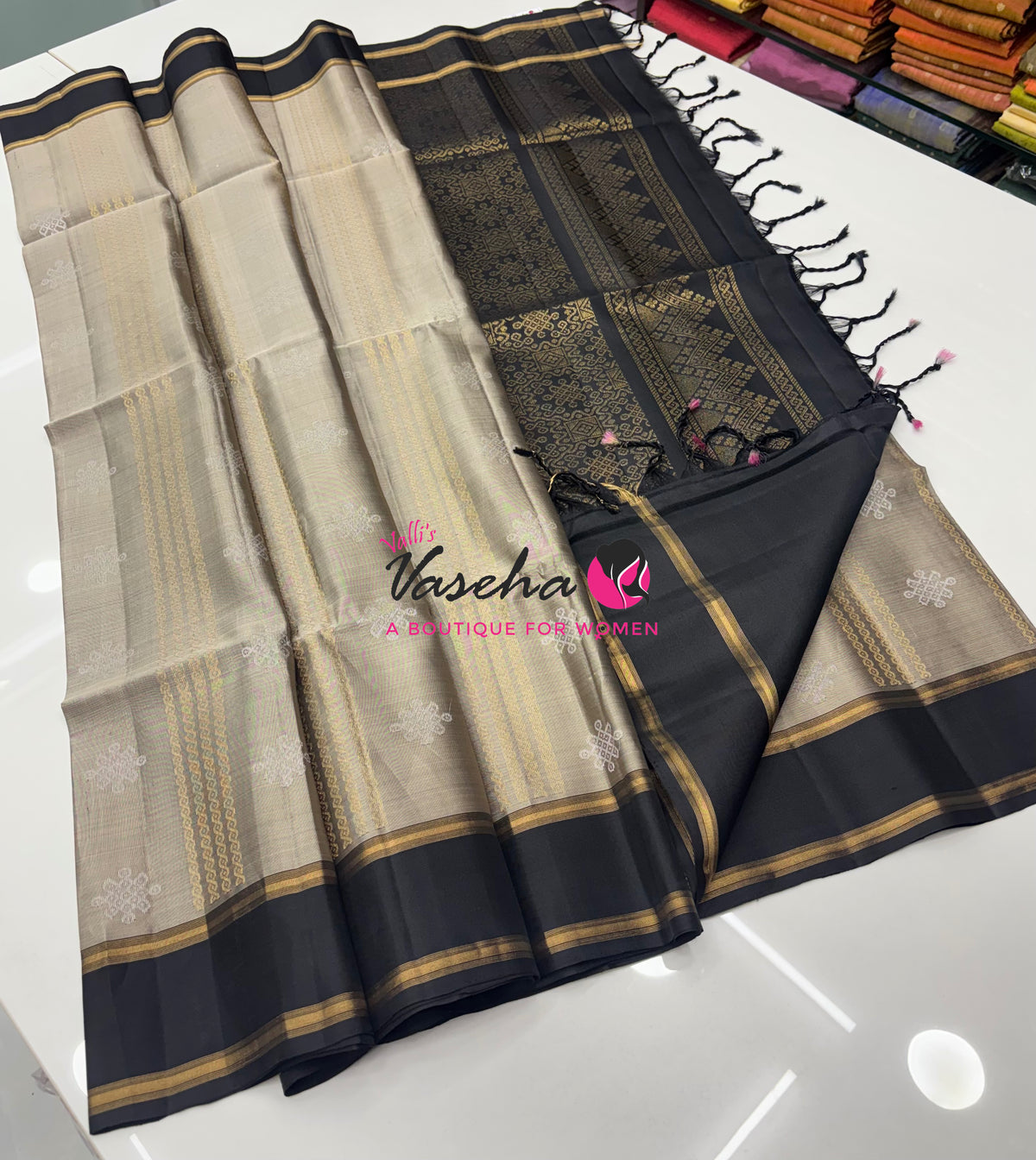 Pure Soft Silk Saree  - Kolam Weaving  - Grey & Black Combo - VVPSS143