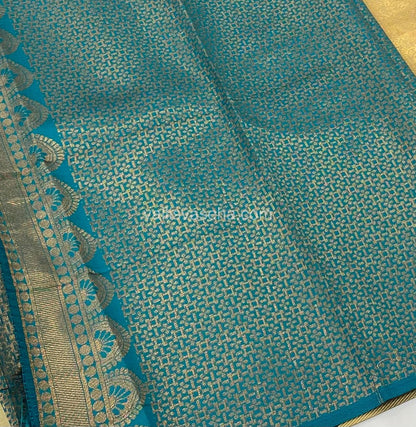 Kanchi Semi Silk - Cream with Ramar Blue - Temple Border  - VVKSS001