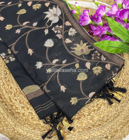 Semi Raw Silk with Jamdhani Design Weaving with Tree Design Pallu - Black Shade - VVRS002