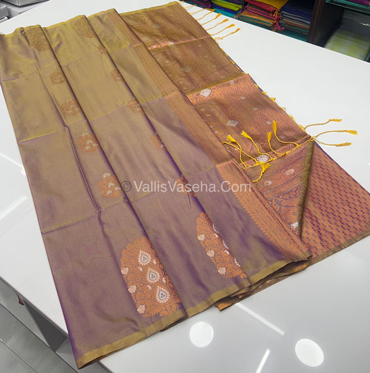 Semi Soft Silk - Border Butta  - Double Tone Goldish Grey Shade -VVSSS010