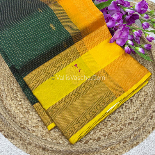 Pure Korvai Silk Cotton - Checks Pattern - Green With Yellow Shade  - VVKSC034