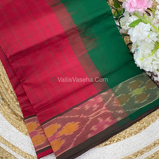 Semi Silk Cotton Saree - Red  & Dark Green - VVSSC001