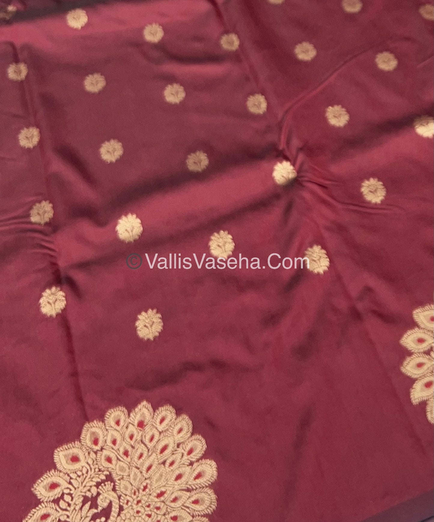 Semi Soft Silk - Peacock Butta Border - Maroon Shade -VVSSS011