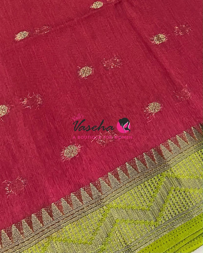Semi Jute Silk Saree - Pink With Green Shade- VVSJS002