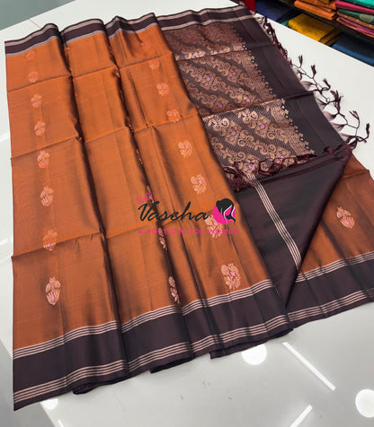 Half Mix - Pure Soft Silk Saree - Meenakari Style Butta - Rust Orange With Brown - VVPSS148