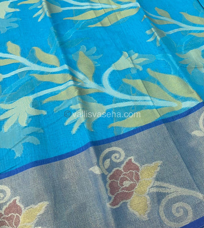 Banarasi Pochampally Weaving Semi Soft Cotton Saree - Light Blue with Dark Blue- VVBPS001