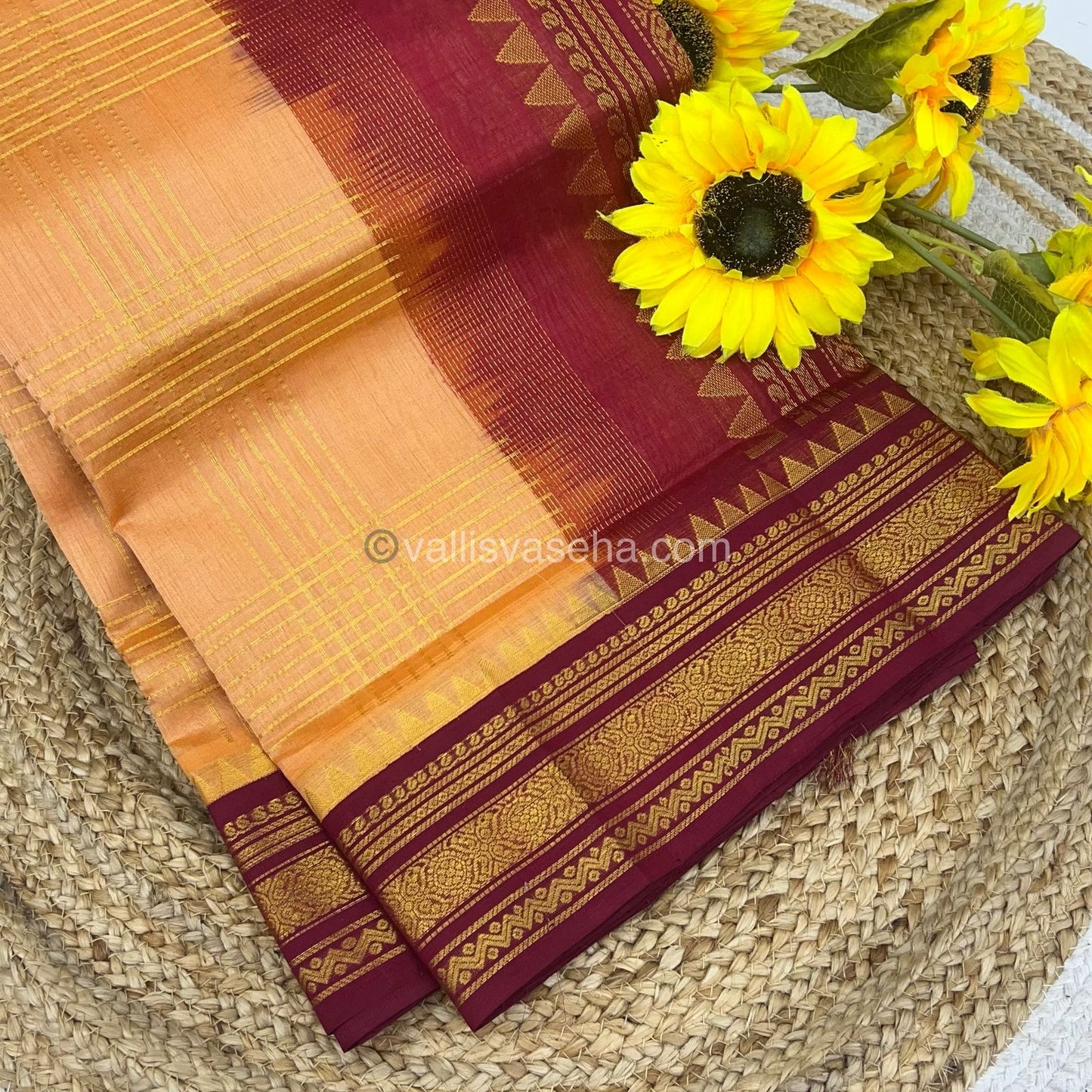 Pure Korvai Silk Cotton - Zari checks lines -Kanakambaram ( Light Peach )& Merun Combo - VVKSC010