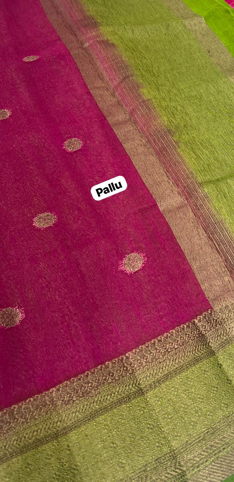 Bamboo Silk Saree  - Pink with Green Shade - VVBSS001