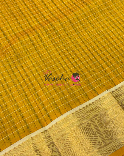 Pure Silk Cotton Saree - Yellow With Half White - Lakshadeepam Design - VVPLD001
