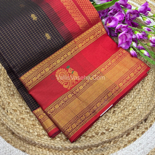 Pure Korvai Silk Cotton - Checks Pattern - Coffee Brown With Red Shade  - VVKSC034