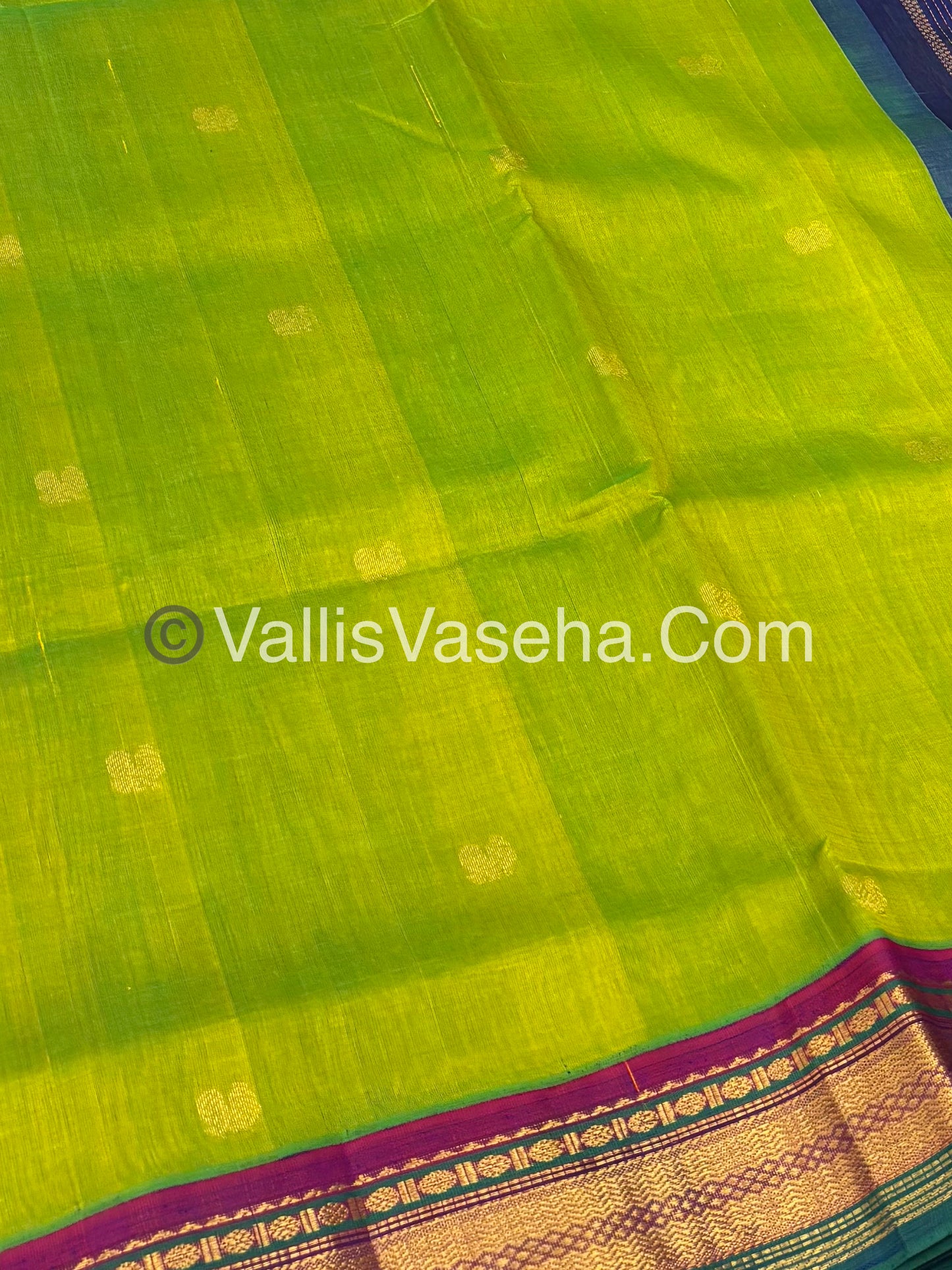 Pure Korvai Silk Cotton Saree - Sneha Green With Blue Combo - VVKSC004