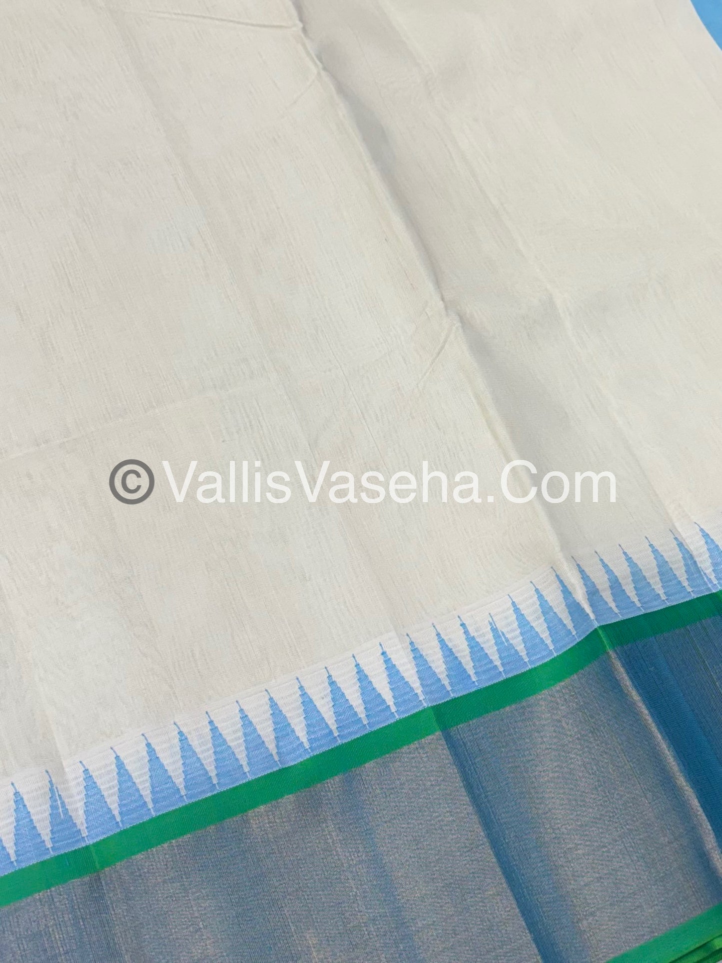 Pure Korvai Silk Cotton Saree - Half white with Turquoise Greenish Blue Combo - Temple border - VVKSC001