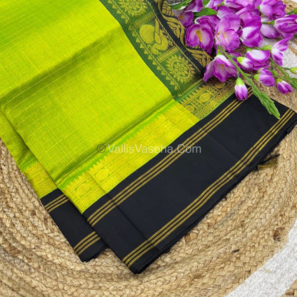 Pure Korvai Silk Cotton - Retta Petta Border - Pista Green with Black Combo - VVKSC010