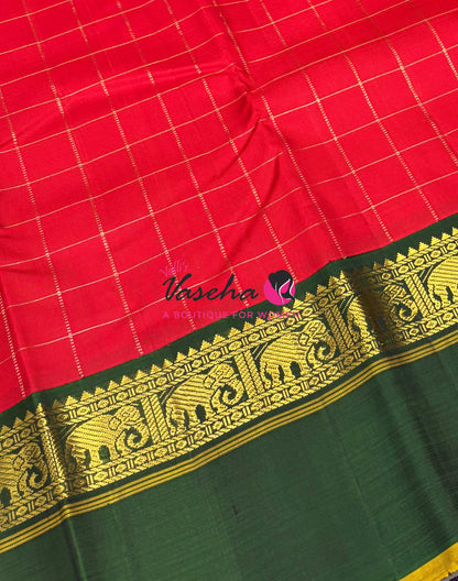 Pure Kanchipuram Silk Saree - Red & Green Combo - VVPS040
