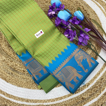 Semi Silk Saree - Kanchi Silk Style - Elephant Border - Light Green with blue   - VVSSS005