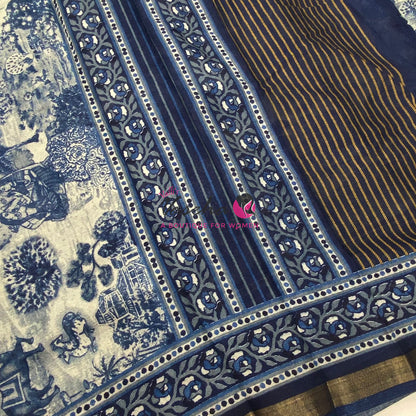 Semi Maheshwari Mixed Cotton Saree - Linen Feel - Indigo Blue - VVMSC008