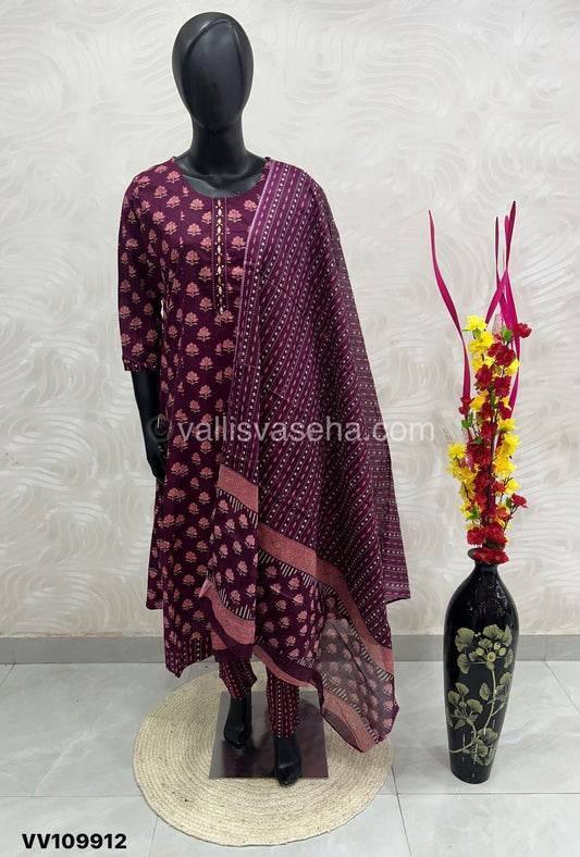 Ready Made - Anarkali - Salwar, Kameez & Duppatta(3pc)- Printed Cotton - VVAS003