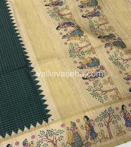 Semi Tussar Silk - Vairavoosi Design - Bottle Green & Cream Shade - VVSTS030