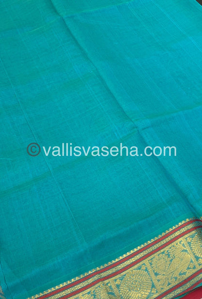 Pure Silk Cotton Saree - Red with Turquoise Blue - Lakshadeepam Design - VVPLD001