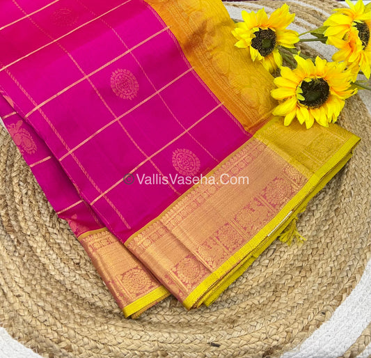 Pure Silk Cotton Saree - Mayil & Chakkaram Design - Pink With Yellow - VVMC001