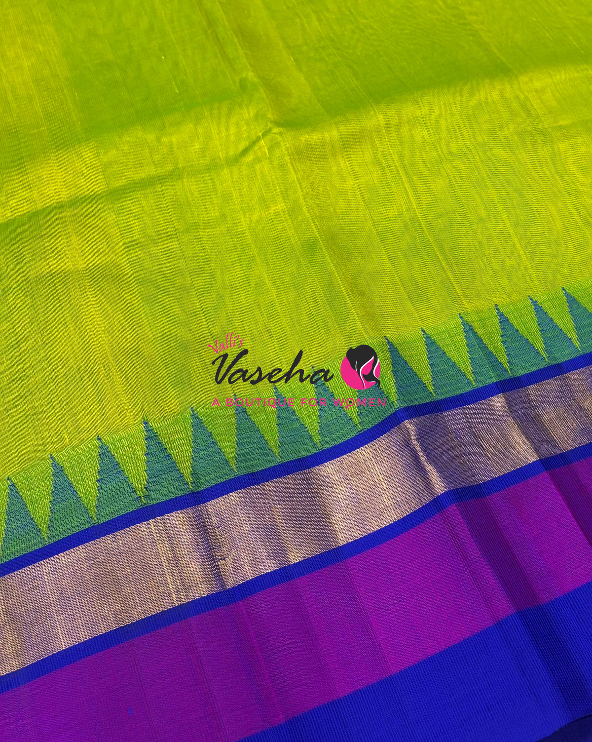 Pure Korvai Silk Cotton Saree -  Sneha Green With Blue Shade Temple border - VVKSC001
