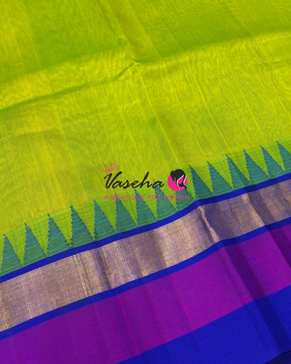 Pure Korvai Silk Cotton Saree -  Sneha Green With Blue Shade Temple border - VVKSC001