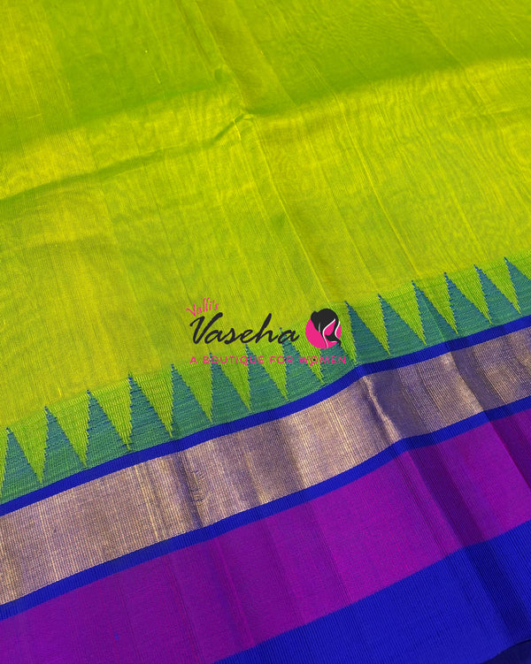 Pure Korvai Silk Cotton Saree -  Sneha Green With Blue Shade Temple border - VVKSC001