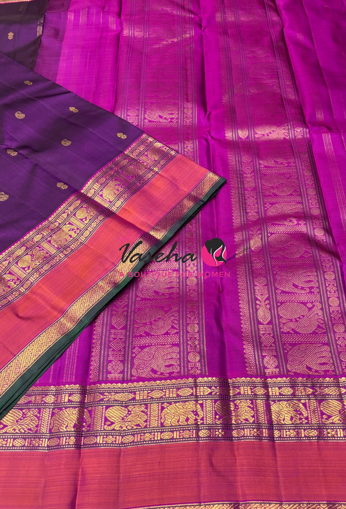 Pure Kanchipuram Silk Saree - Purple  & Pink Combo - VVPS038